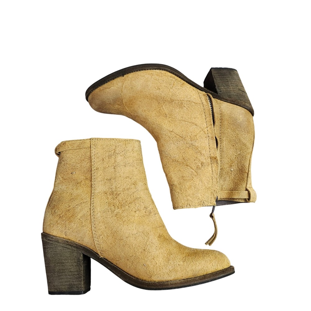 Humanoid Tan Suede Leather Ankle Boots Block Heel Side Zip Portugal‎ Womens 36